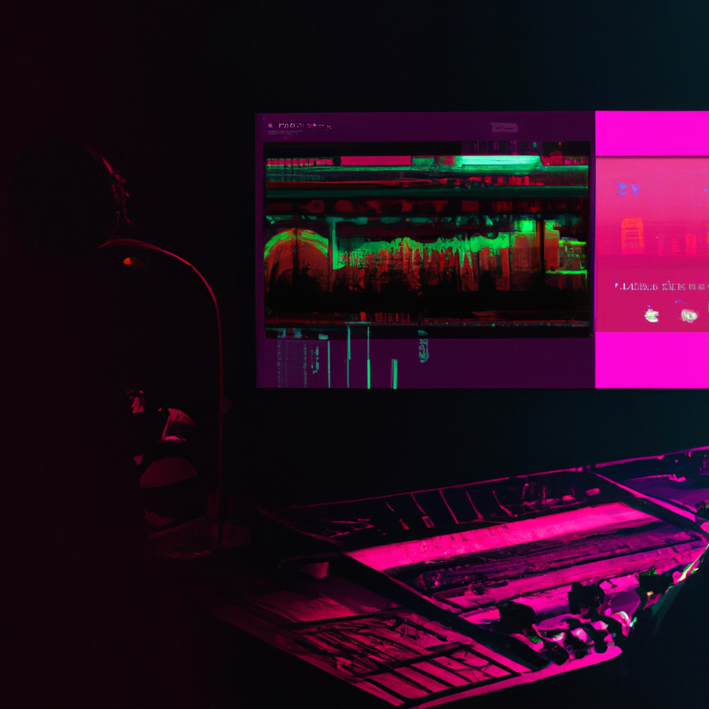 NoirPulse hero: moody studio with neon waveform and silhouetted producer