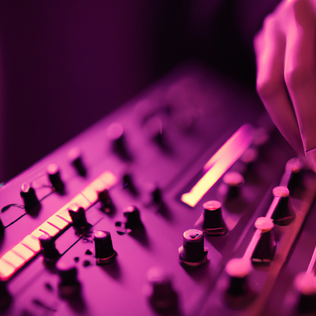 Hands on vintage synth with purple backlight